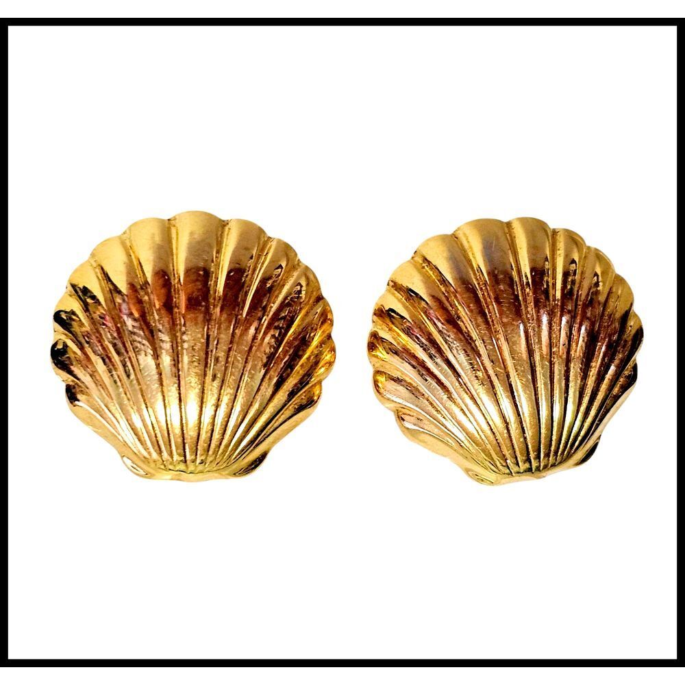 Avon Vintage Gold Shell Clip-On‎ Earrings Seashell Nautical Beach Statement